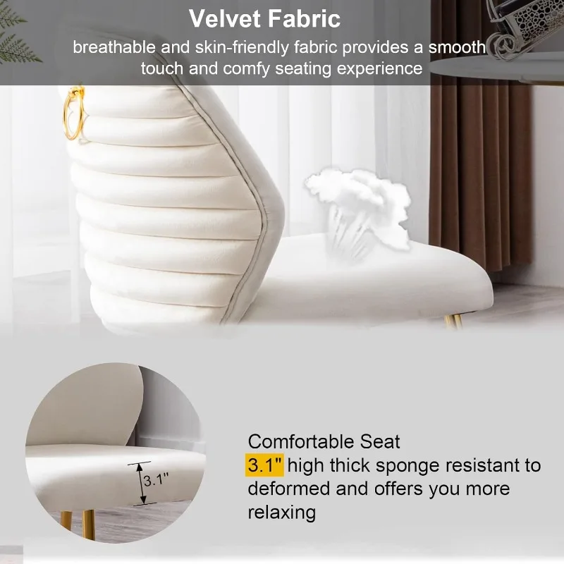 Cream Velvet Upholstered Dining Chairs Set of 2, Modern Accent Dining Room Chairs Tufted Armless Side Chair 4