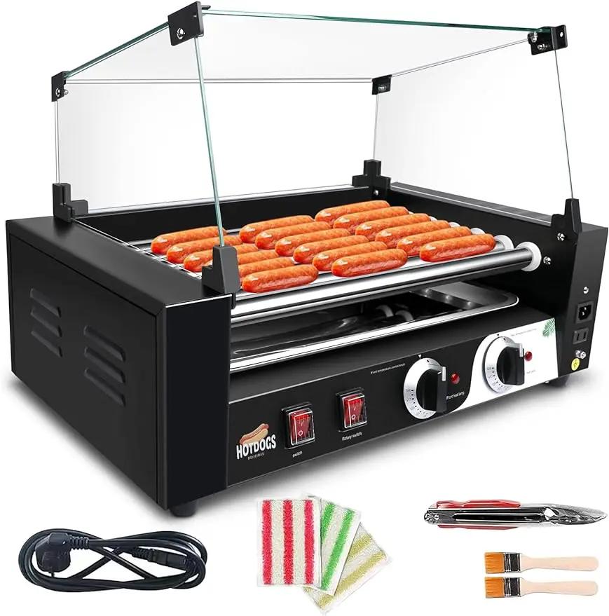 

1400W Hot Dog Roller Machine, Dual Temp Control Commercial Electric Contact Grills with Removable Stainless Steel Drip Tray
