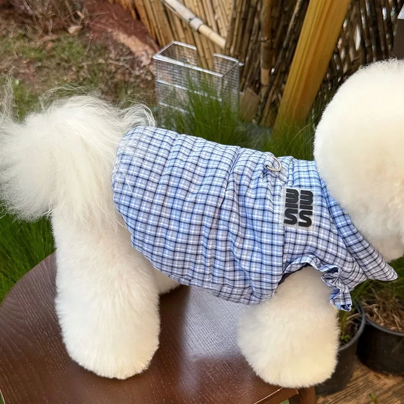 파란색 체크무늬 강아지 옷 테디 겨울용 두꺼운 면 코트 요크셔 따뜻한 날씨용 아우터웨어 (트랙션 버클 포함)