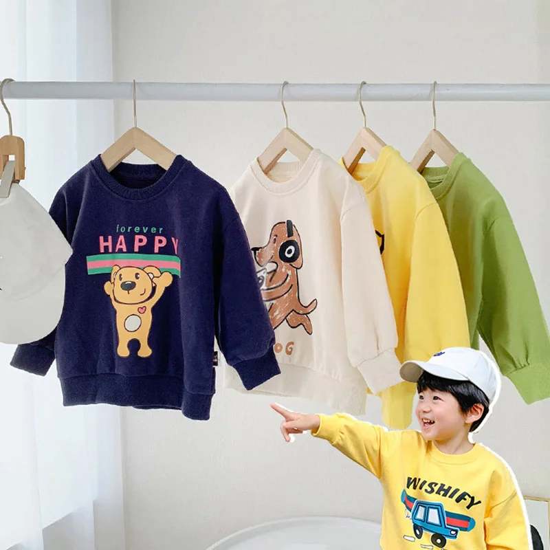 

Korean Solid Color Boy Girl Sweater Autumn Cartoon Print Toddler Pullover Tops Children Cotton Long Sleeved Clothes Kids Costume