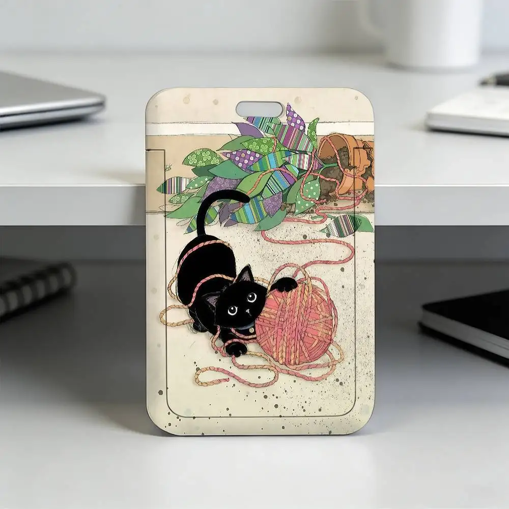 귀여운 검은 고양이 ID 카드 홀더 목걸이 펜던트 도어 홀더 랜야드 키체인 직장 신분증 케이스 선물