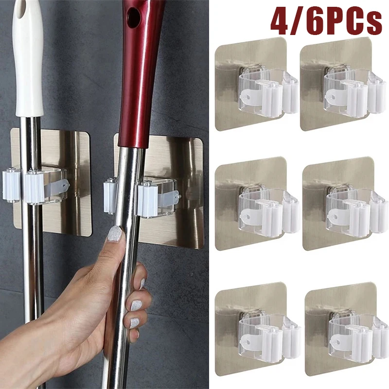 

4/6Pcs Mop Organizer Holder Home Storage Rack Multi-Purpose Bathroom Wall Mounted Mop Rack Broom Hanger Organizer Storage Hooks