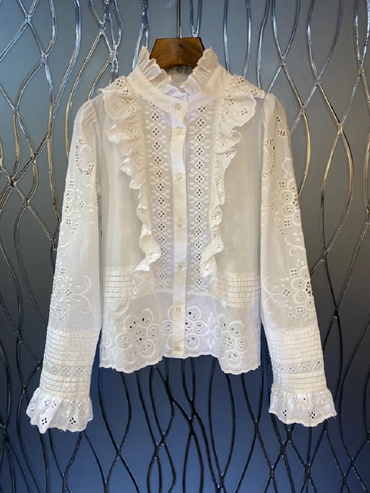

Женская рубашка с длинным рукавом, Повседневная белая рубашка из 100% хлопка с изысканной вышивкой, рюшами и цветочным принтом на пуговицах, весна-лето 2023