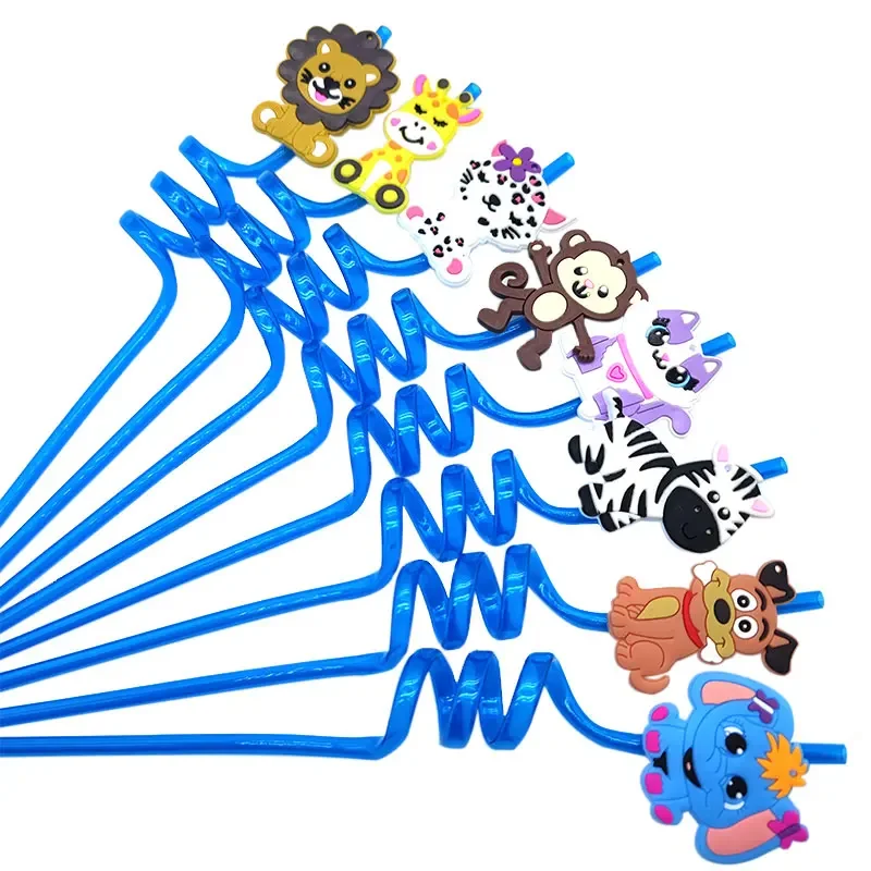 8pcs 26cm Jungle Animals Elephant/leopard/lion/giraffes Straw Reusable Plastic Helical Drinking Straws Kids Birthday Party Decor