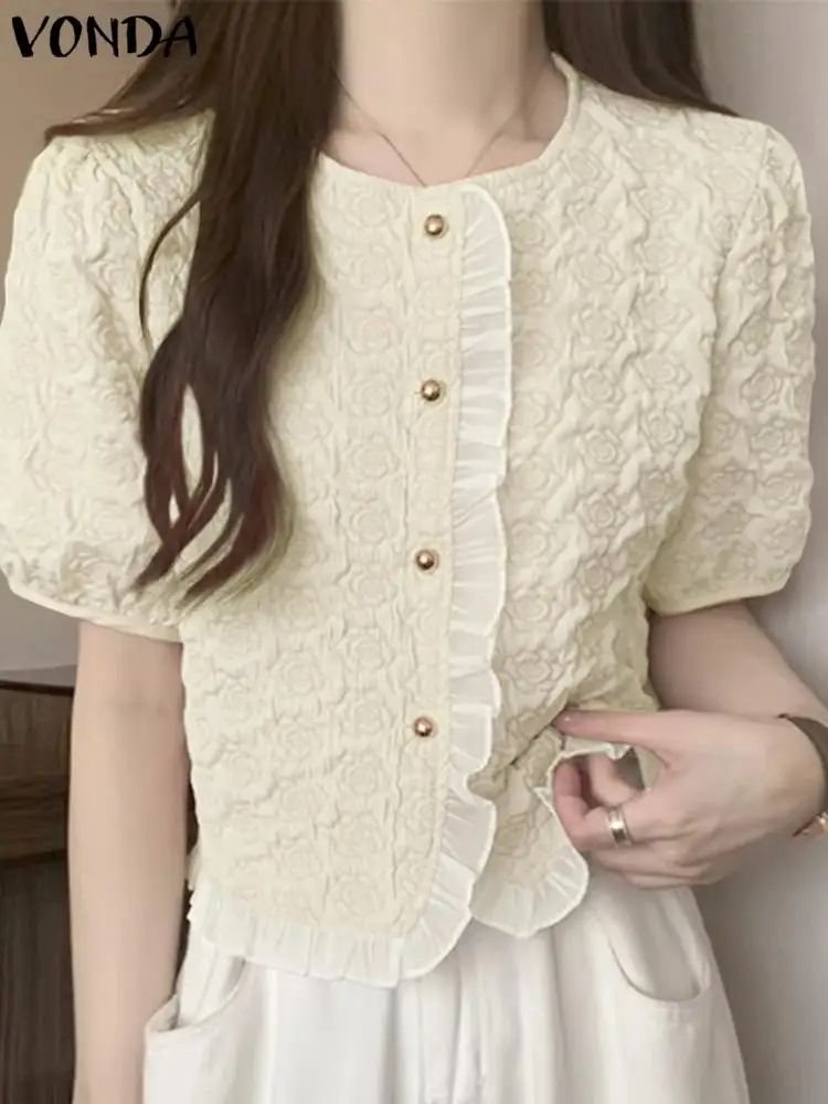 

VONDA Casual Summer Shirts Fashion Women Short Sleeve Blouse 2023 Elegant Office Tops Loose Solid Color Buttons Streetwear Blusa