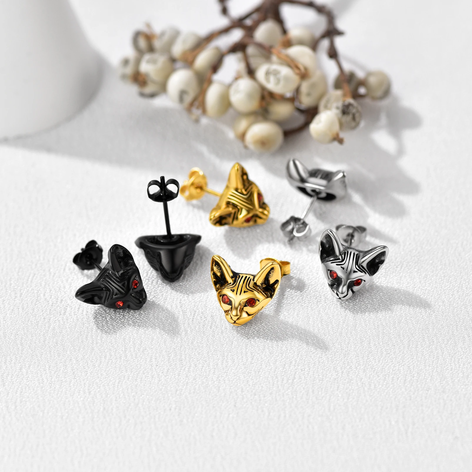 U7 Stainless Steel 3D 10mm Sphinx Cat Tiger Animal Stud Earrings