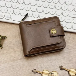 Vintage Men's High - Quality PU Leather Wallet - Durable Short Clutch with Hasp & Zipper (Brown)