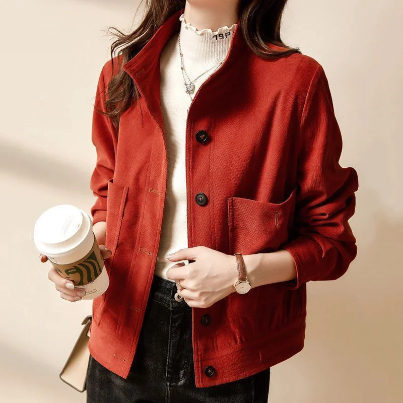 Korean Fashion Stand Collar Short Coats Spring Unlined Corduroy Cropped Jacket Women 2023 Fall Long Sleeves Classic Women Jacket men s real leather unlined double sides leather snap fastener fingerless semi finger half finger punk rock short mitts gloves