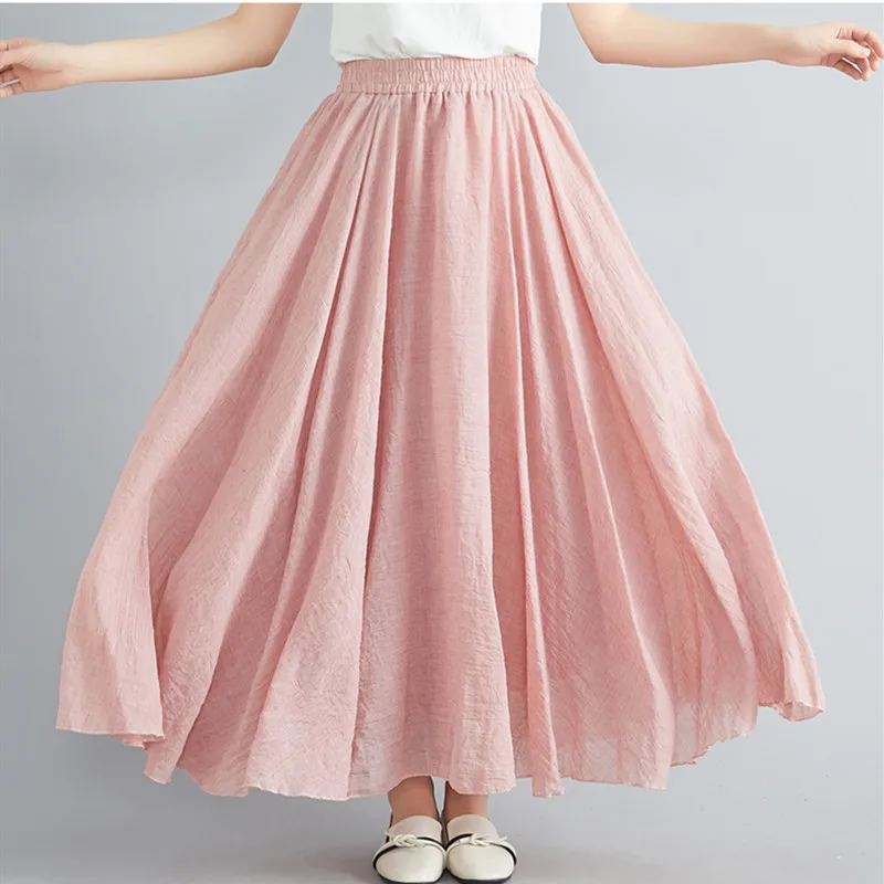 Elegant Long Skirts Woman Fashion 2022 Summer Cotton And Linen Elastic