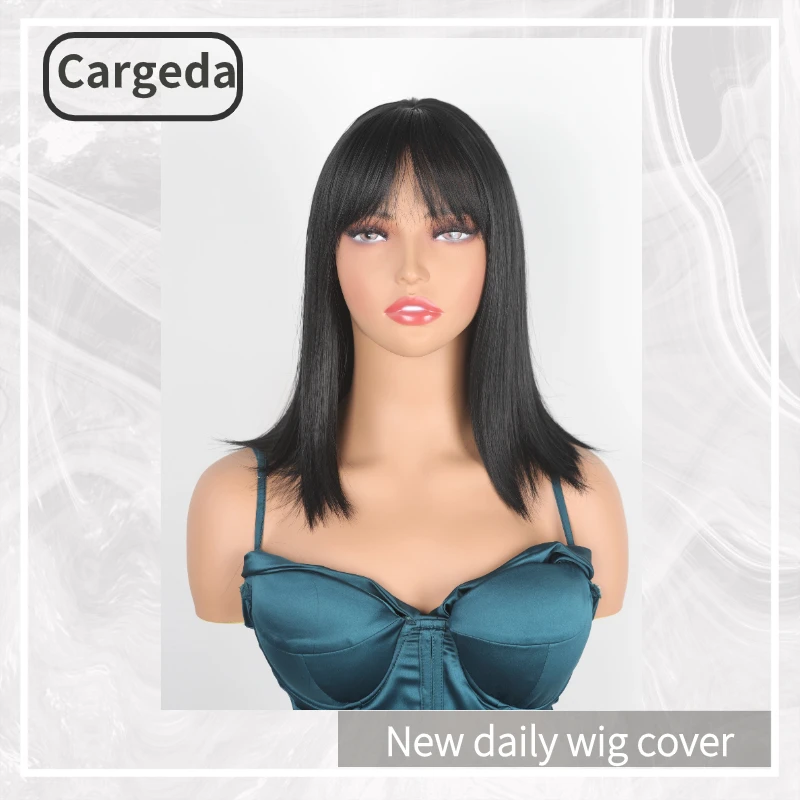 

Синтетический парик для женщин, ежедневные Средние прямые волосы с челкой, черный парик, лидер продаж, термостойкие шелковые волосы