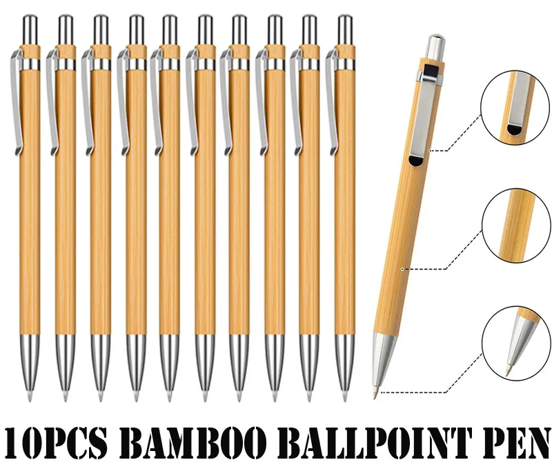 

10Pcs Bamboo Ballpoint Pens Wooden Retractable Ballpoint Pen Bamboo Black Ink 1mm Pen Wood Pens for Home Office School