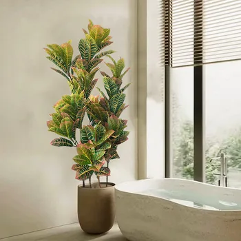 대형 가짜 인공 고무 나무 뿌리기 황금 반얀 잎 플라스틱 피커스 나무, 가정 정원 장식용 가을 잎