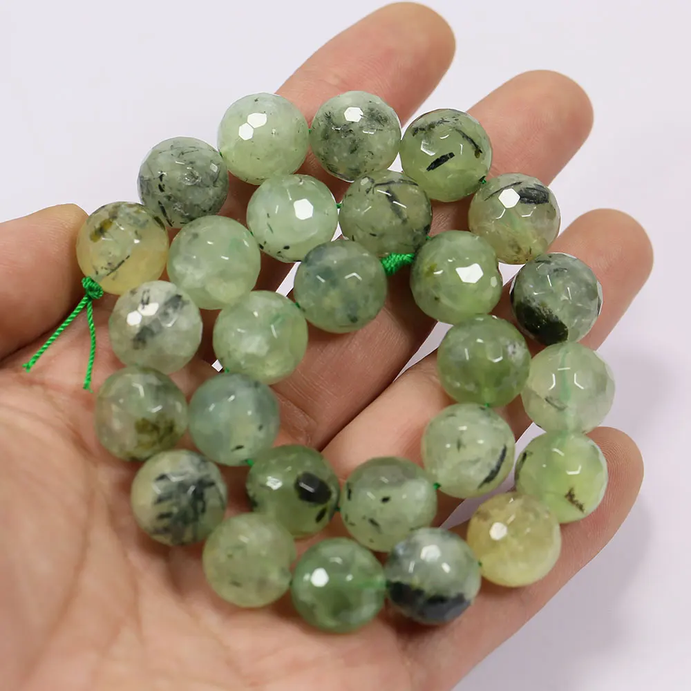 APDGG Natural 14MM Green Round Faceted Prehnite Gems Stone Loose Stone Beads 15.5