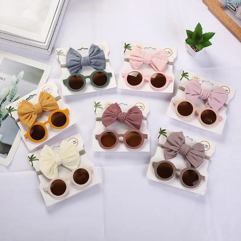 

2Pcs Baby Bows Headband Vintage Round Sunglasses Children Sunglasses UV400 Protection Glasses Kids Summer Hair Accessories