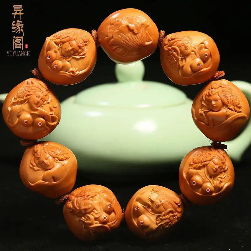 

2.2Large Seeds Olive Nut Stone Carving Engraved Bracelet Eight Beauties Su Gong Handmade Stone Carving Hand Pieces Crafts Men's