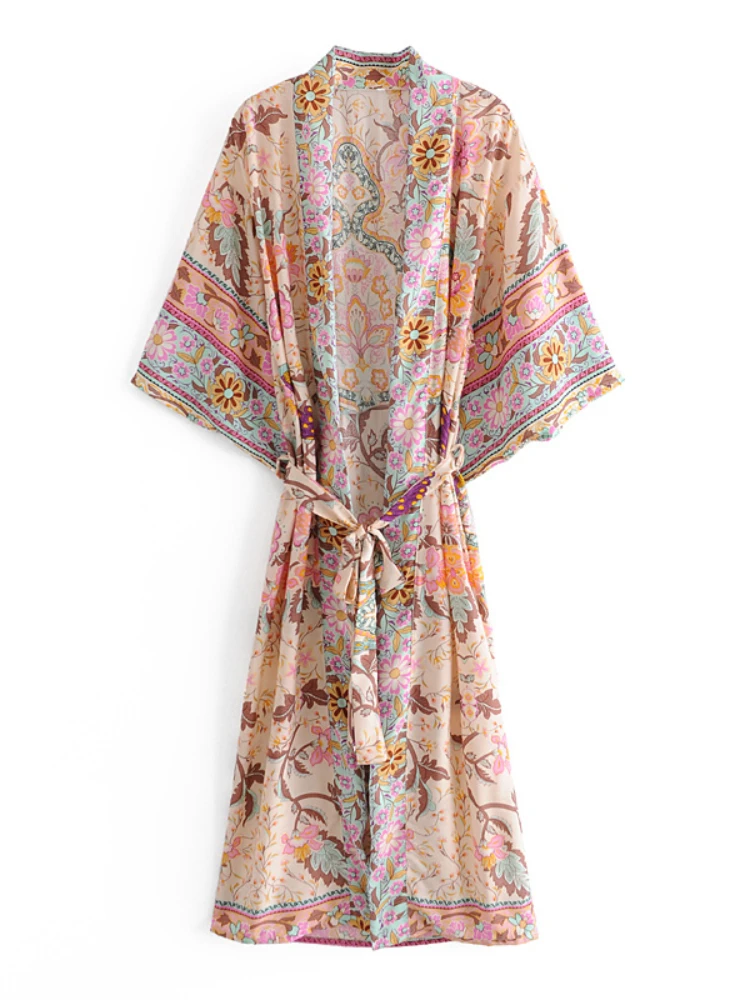 Beach Cover Boho Women Peacock Print Bat Sleeve Kimono Robe