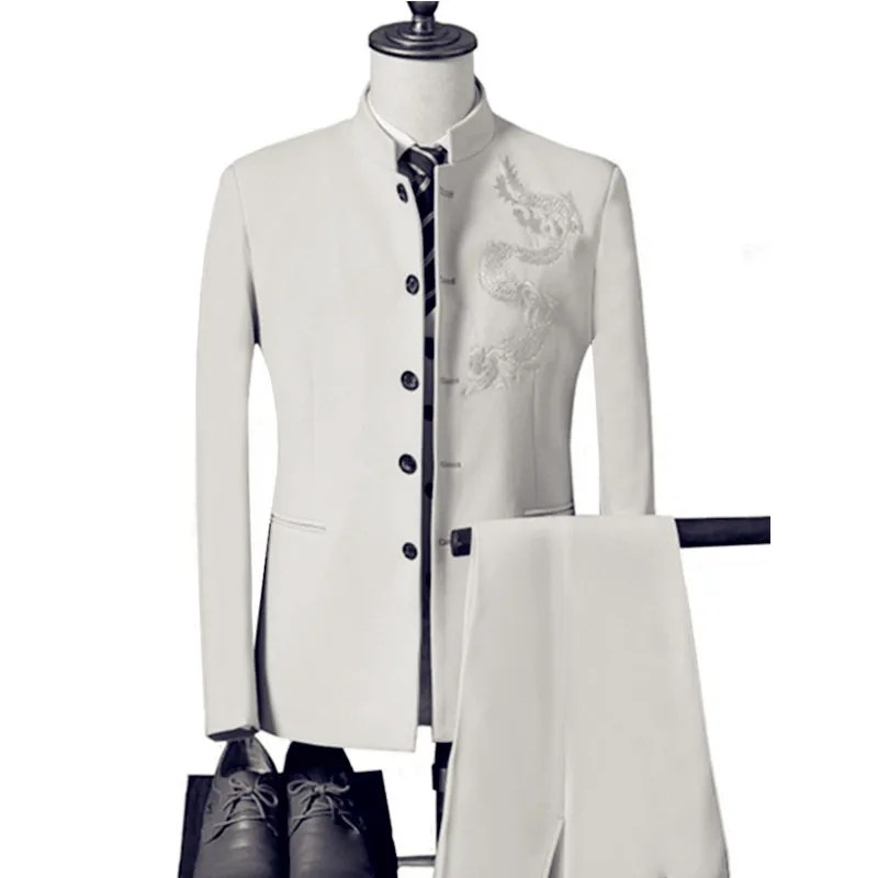 Mens Suit Men's Stand Collar Chinese Style Wedding Dragon Totem Embroidered Suit 3 Piece Suit Set Jacket Vest Pants Men's Coat