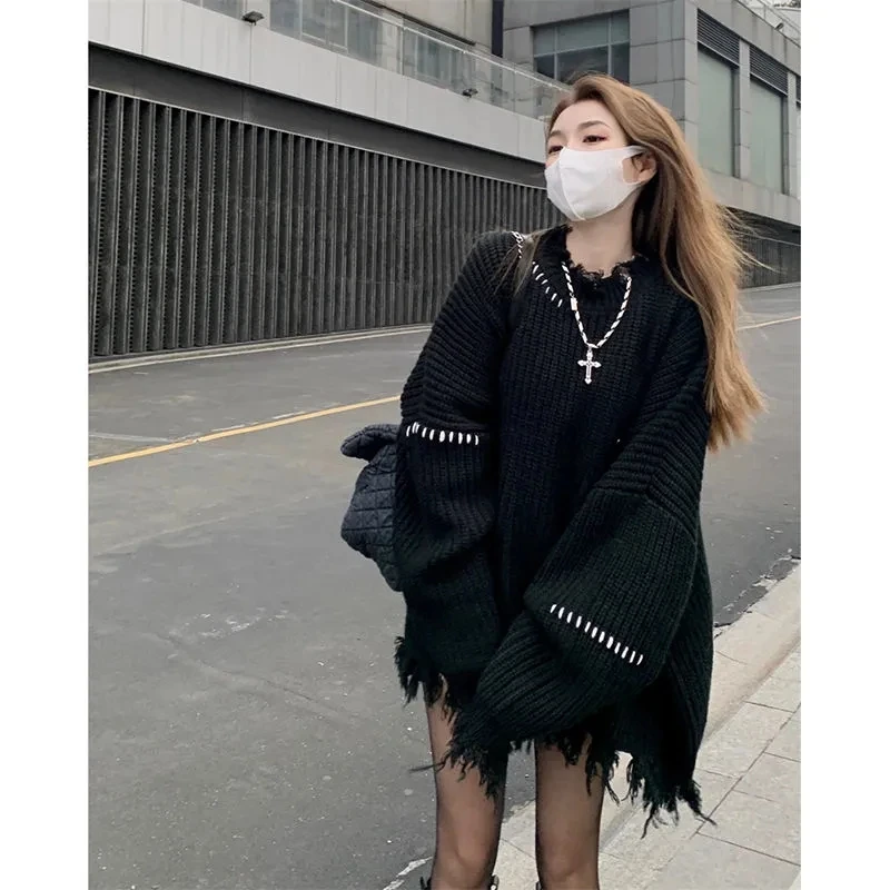 

Femme Lazy Loose Irregular Tassels Black Ripped Sweater Women Jumpers Vintage Casual O Neck Long Sleeve Hole Knit Top