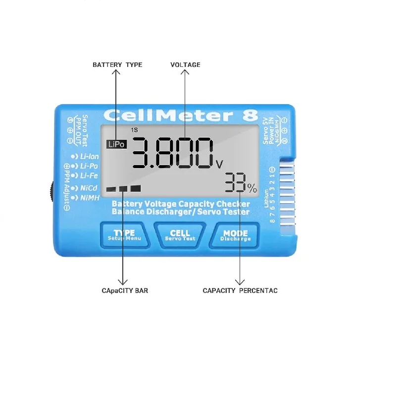 Battery Tester Lithium Battery Tester LCD Digital Battery Capacity Tester RC CellMeter8 2-8S Servo Lithium Polymer Lithium Dragon NiMH Battery Voltage Tester