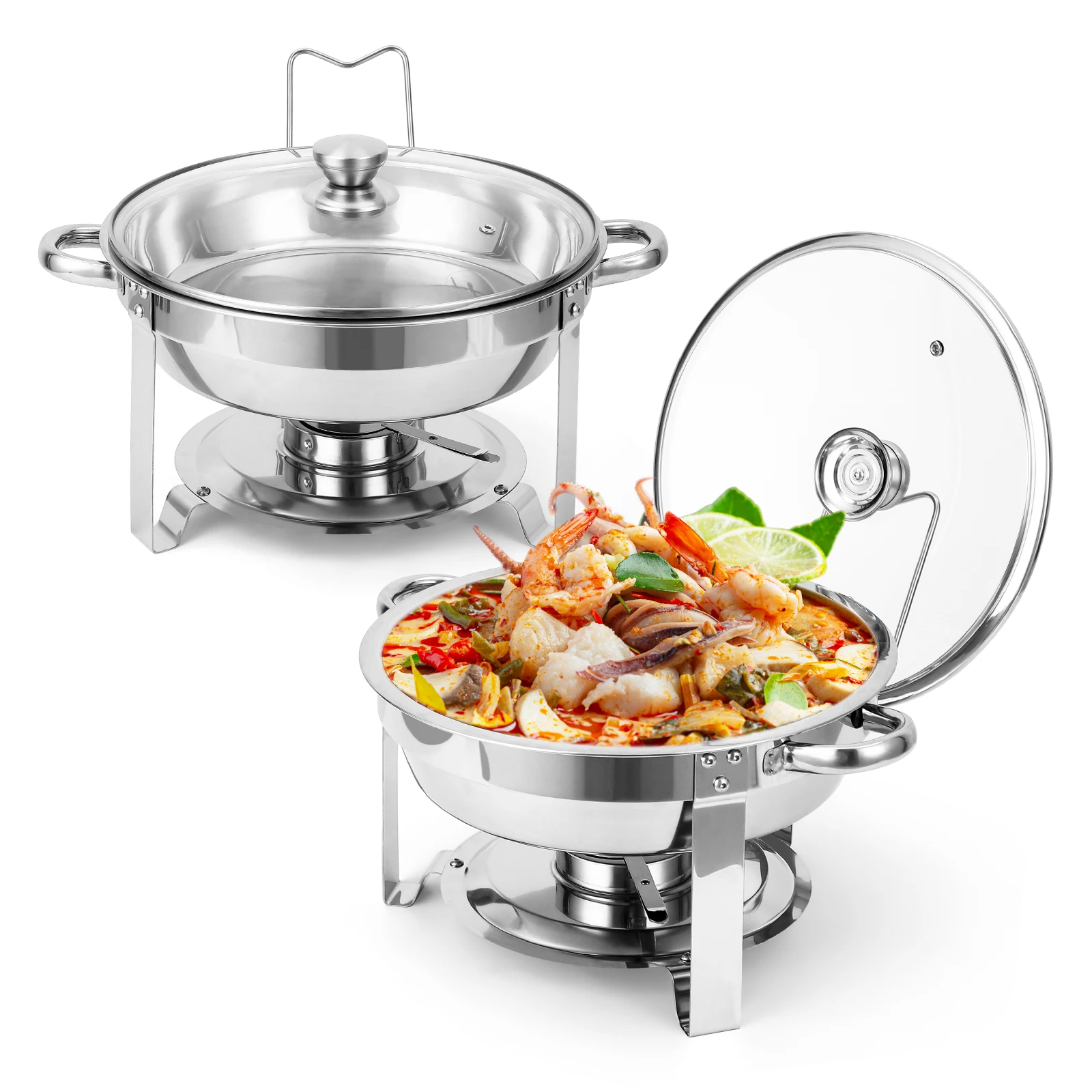 2 Pack Chafing Dish Buffet Set, 5QT Stainless Steel Chafer for Catering, Round Buffet Warmer Server with Glass Lid Water Pan Lid