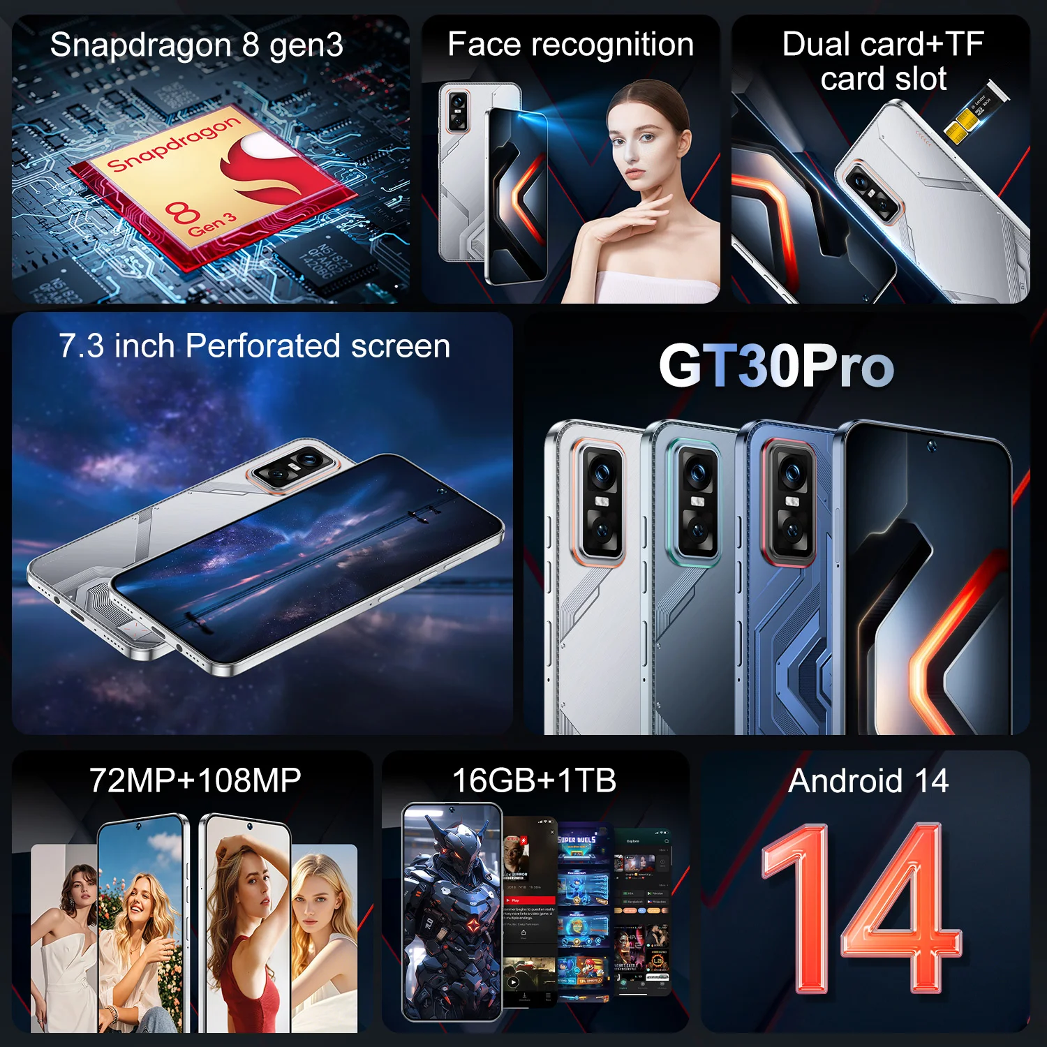 HOT 2025 New GT30 Pro 7.3HD Global Edition Original Smart Dual Card 7800mAh Battery Facial Recognition Function