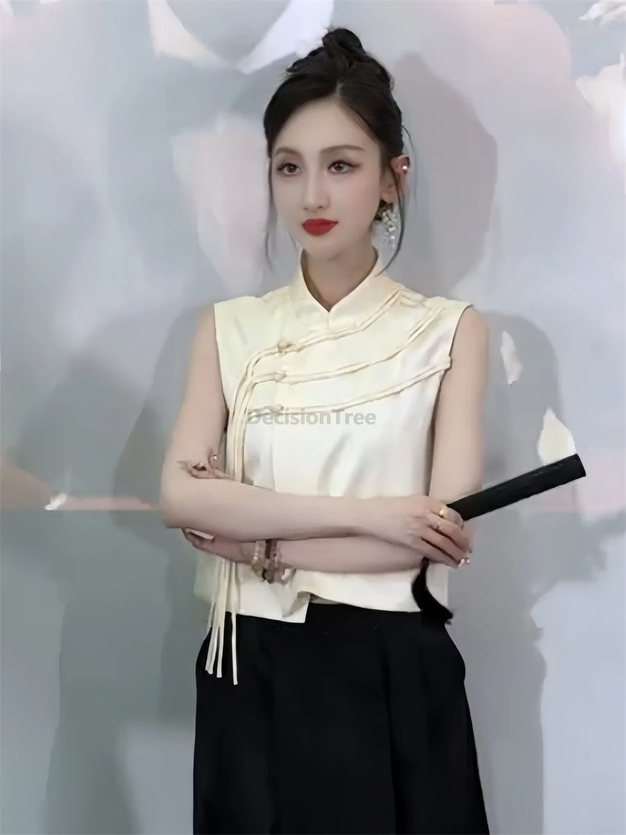 2025 new chinese style printed retro waistcoat women spring and autumn tassek buckle cheongsam vest sleeveless tang suit vest