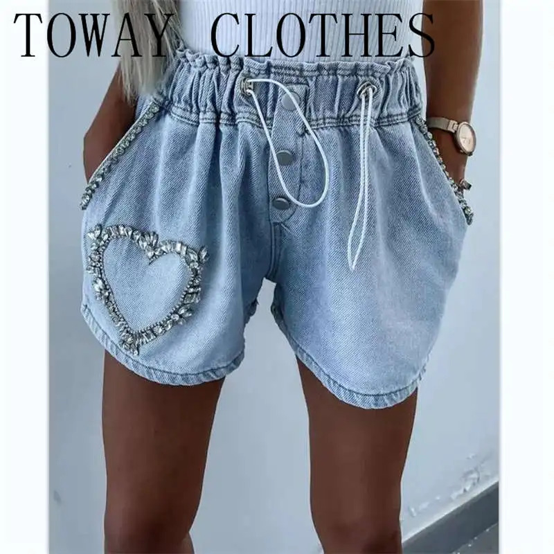 

Women Summer Rhinestone Heart Pattern Drawstring Denim Shorts