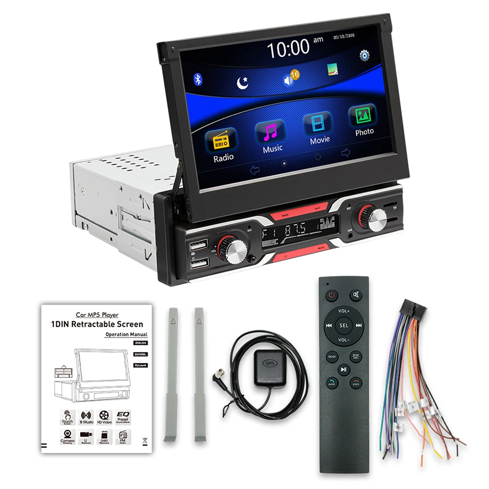 7 Inch Car MP5 AM/FM Radio Retractable Touch Screen MP5 Player B-luetooth Wireless C-arplay A-ndroid Auto Electric Accessary
