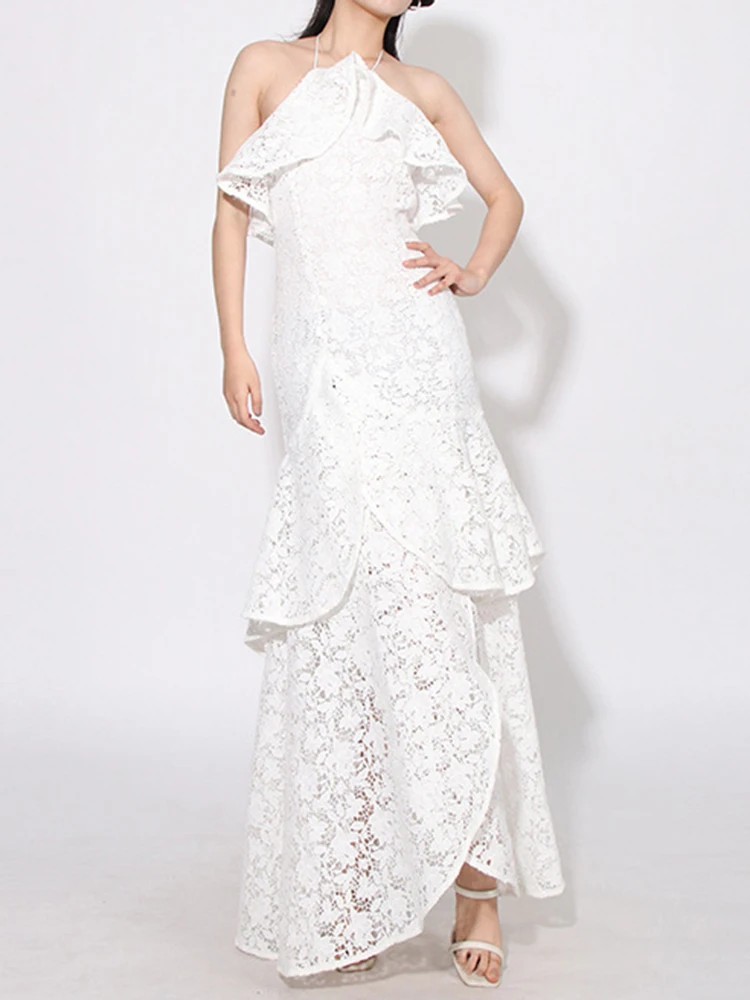 

Elegance Embroidery Halter Dress For Women Fashion Lace Hollow Out Sleeveless Backless Vestido Robe Female Summer 2024 New XX385