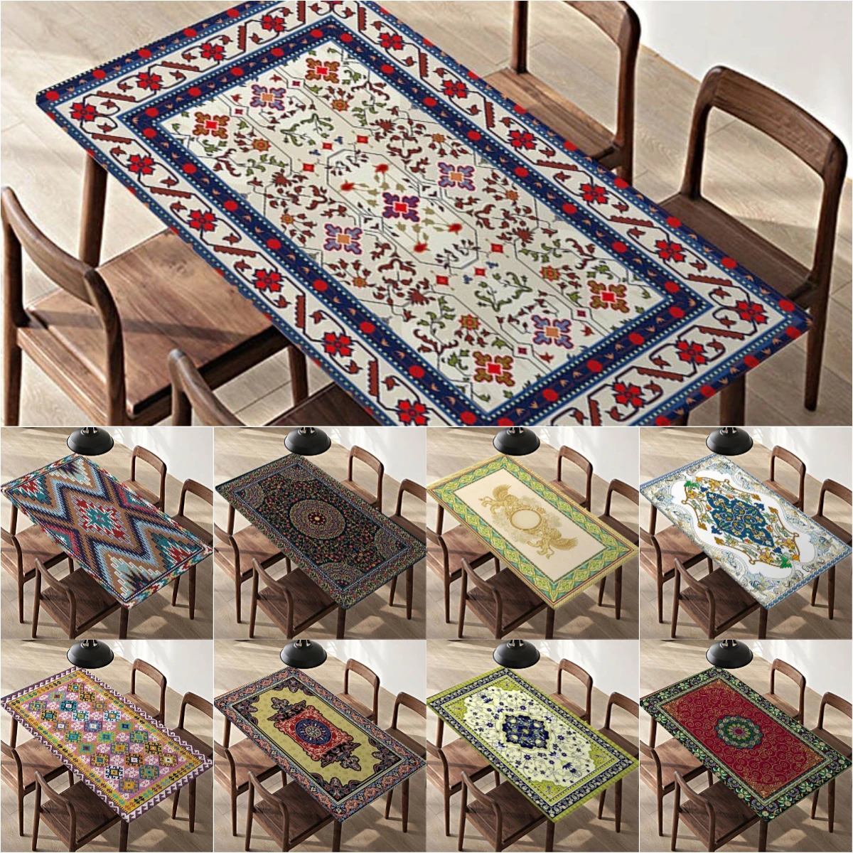 Classical Pattern Rectangular TableCloth Waterproof Elastic Edge Bohemian Flower Rectangular Fitted Table Cover Indoor Outdoor