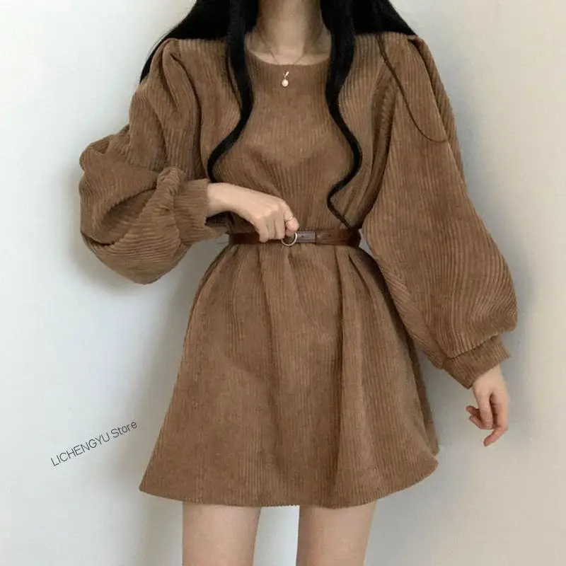 

2022 Vintage Corduroy Belt Dress Solid O-Neck Lantern Sleeve Mini Dresses Ladies Korean Fashion Spring Fall Vestido De Mujer