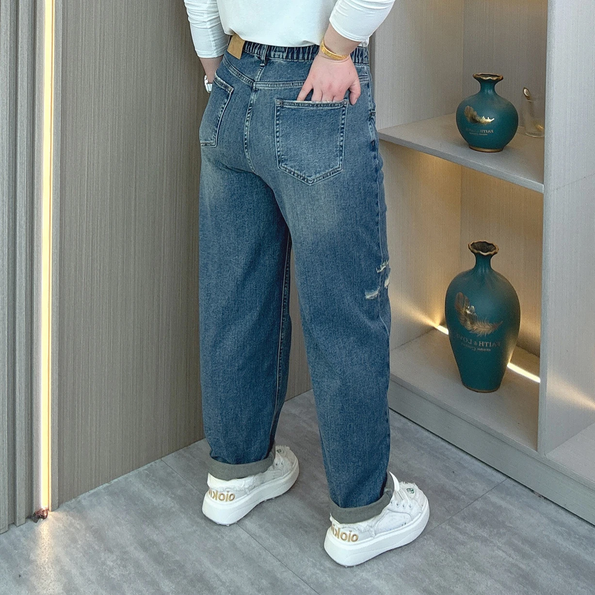 Fashion Plus Size Women's Jeans Autumn New Fashion Design Fake Holes Letter Premium Stretch Denim Full Length Harem Pants 8361