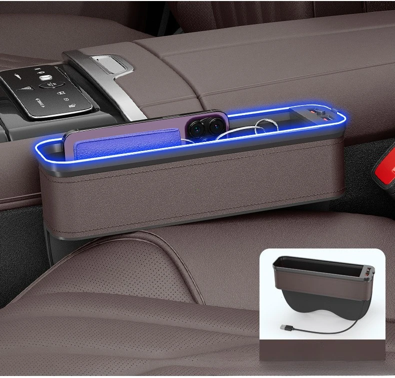 LED Car Crevice Storage Organizer Box Car 2 USB Charging Colour Light Seat Gap Storage Box Auto Interior Stowing Tidying