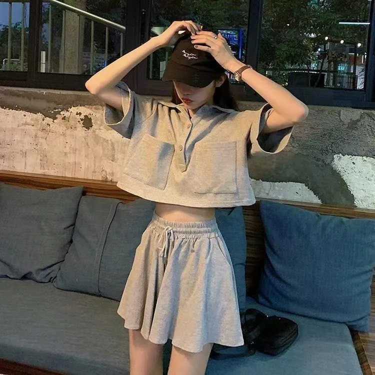 outfits for women Casual Sports Suit Women's 2022 Summer New Loose Fashion Western Style Polo Shirt Wide-leg Shorts All-match Two-Piece Suit bike shorts