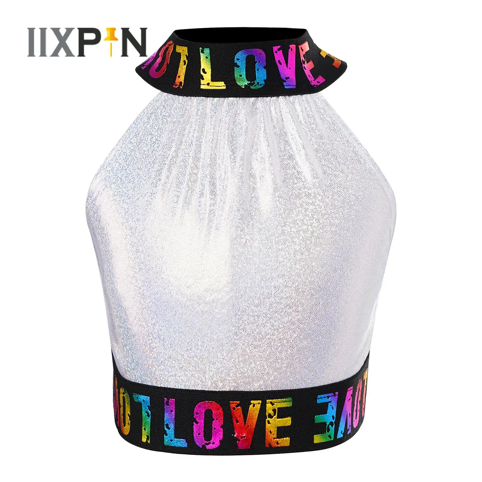 

Girls Dance Sport Vest Halter Neck Sleeveless Shiny Metallic Crop Tank Top Kids Modern Dance Jazz Dance Gymnastic Workout Shirts