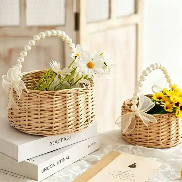 Pearl Princess Woven Flower Basket Rattan Storage Basket Flower Hand Basket Handmade Flower Basket For Home Wedding Decor 1