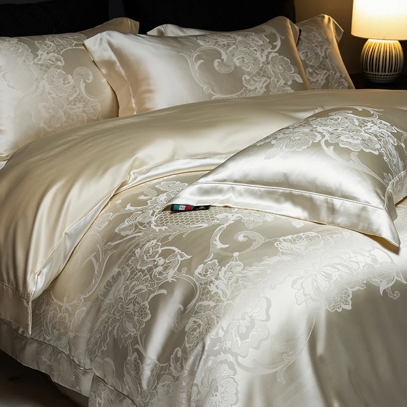 4Pcs Champagne Silk Damask Jacquard Egyptian Cotton Patchwork Luxury Bedding Set Duvet Cover Flat/Fitted Bed Sheet Pillowcases 4