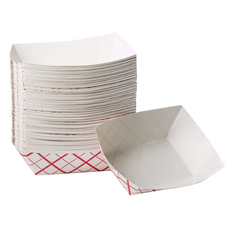 100Pc Paper Food Trays Disposable-Red & White Checkered Leak Proof Paper Food Boats-Trays For