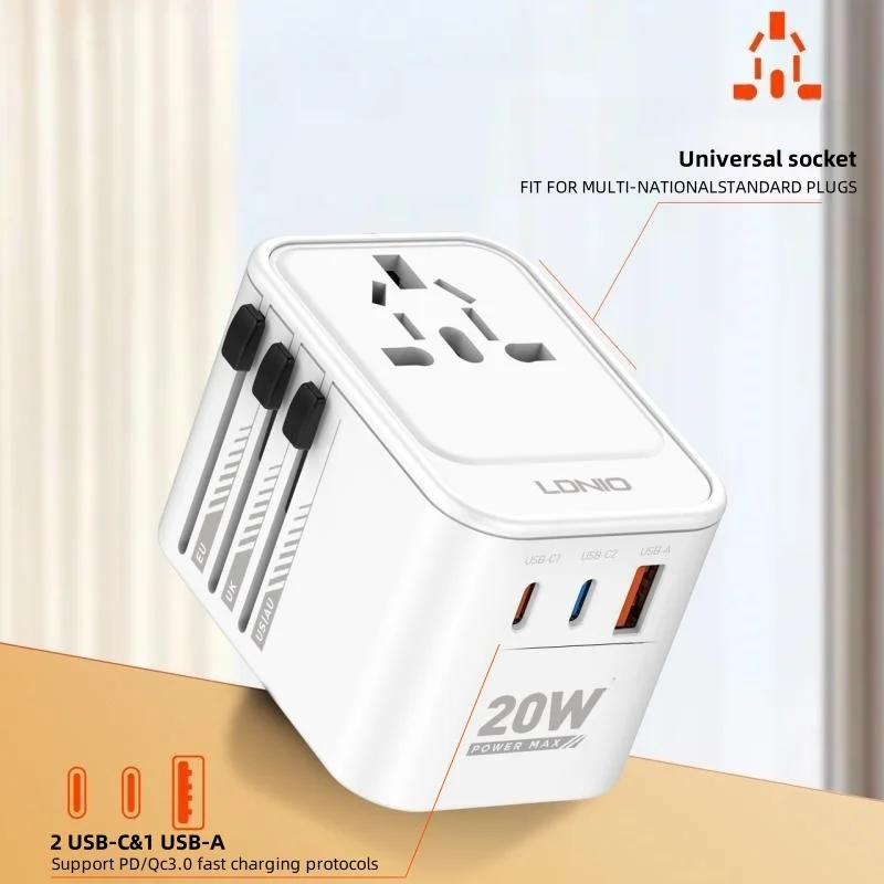 LDNIO International Travel Adapter Fast Charging with USB 2 Type C All-in-one Charger Converter Socket EU/UK/USA/AUS for Travel