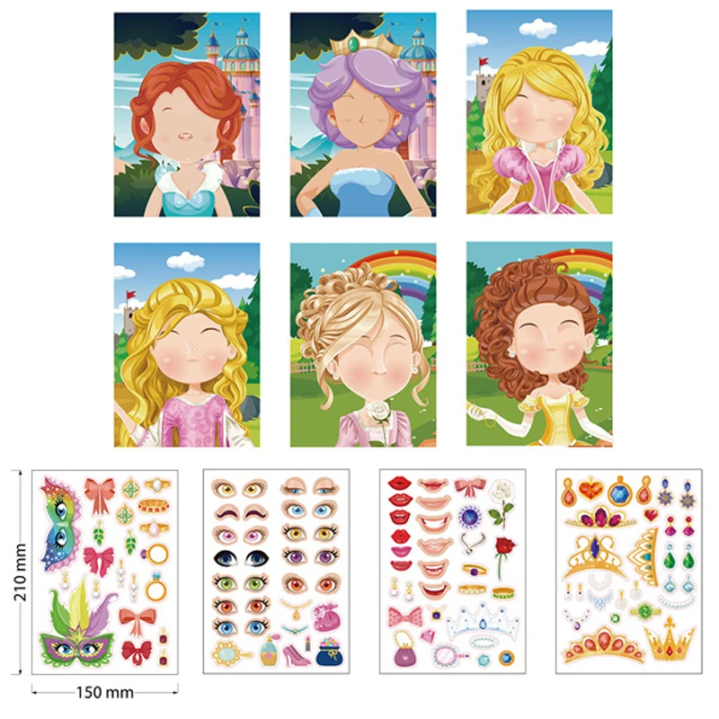 9 Styles Children Kids Make Your Own Faces Stickers Creative DIY Puzzle Games Princess Animals Dinos Girls Boys Party Favor Gift