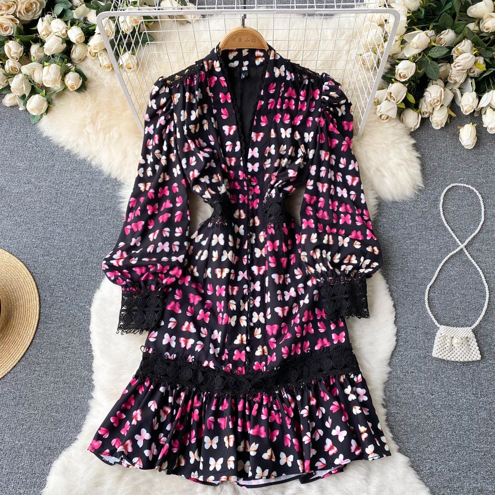

Light Mature Women's Lace V-neck Butterfly Print Dress High Waist Thin Bubble Sleeve Temperament A-line Dress Women