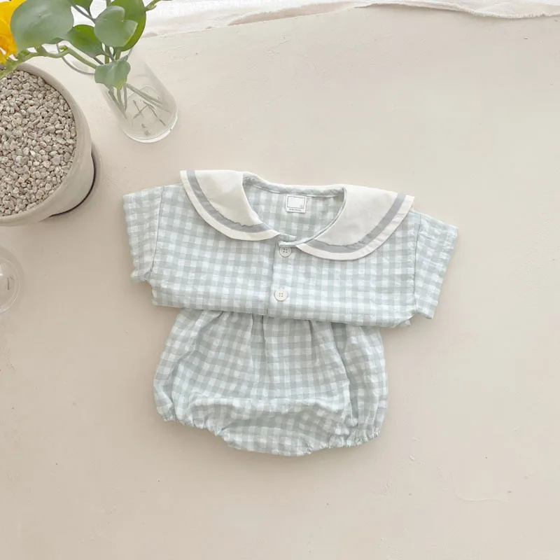 Baby Clothing Set comfotable Summer baby clothes new girls simple plaid short-sleeved T-shirt suit children's baby doll collar top shorts college style suit Baby Clothing Set cheap