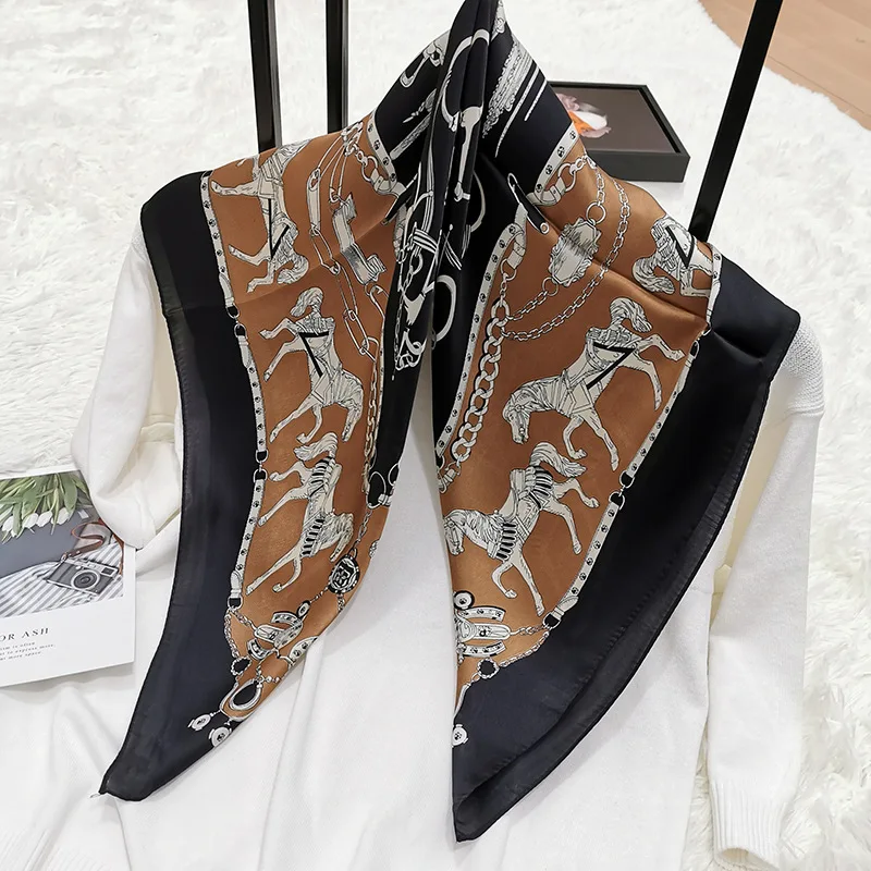 

Classic Horse Printing 70CM Square Imitation Silk Scarf Shawls For Ladies CHIC Foulard Fashion Women Handkerchiefs Neck Scarves