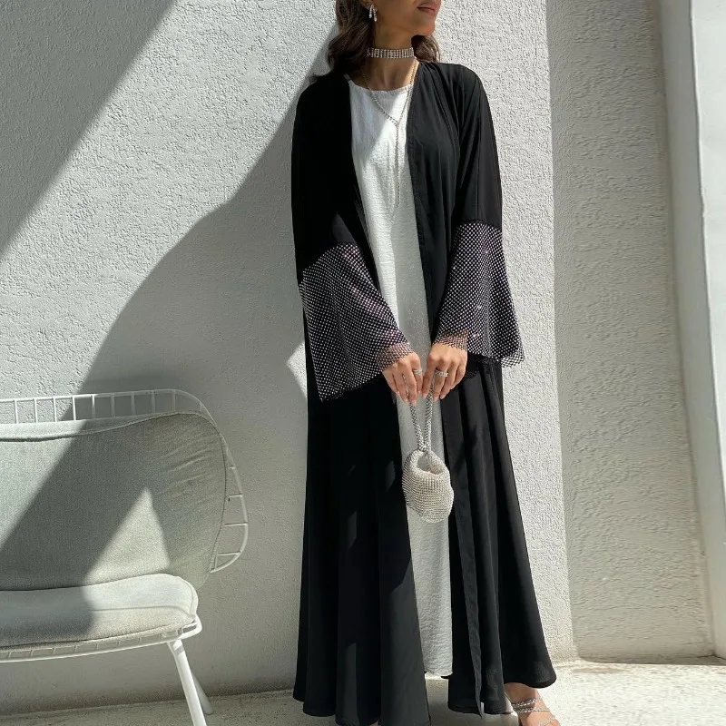 2024 New Ramadan Islam Abaya Kaftan Black Loose Elastic Diamond Mesh Robe Femme Muselmane for Europe and America