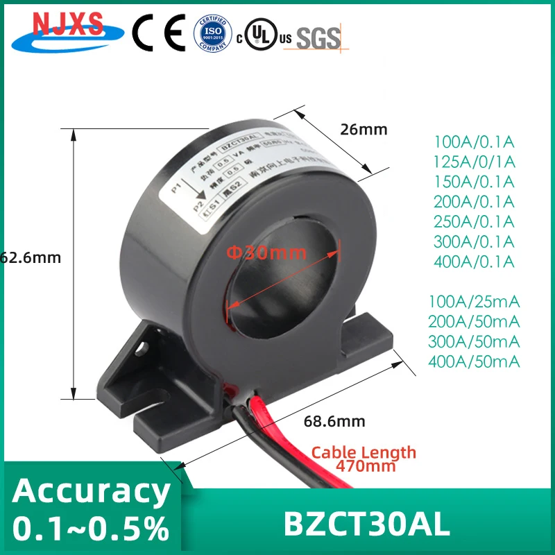 

High Quality Micro Transformer Current 100A 0.1A 25mA 200A 0.1A 50mA 300A 0.1A 50mA 150A 400A 0.1A BZCT30AL Factory Mini AC CT