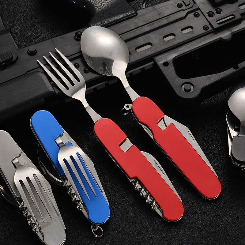 Tablespoon Set 4 In 1 Foldable Spoon Knife Fork Bottle Opener Stainless Steel Folding Pocket Kits Outdoor Tableware Set Kitchen