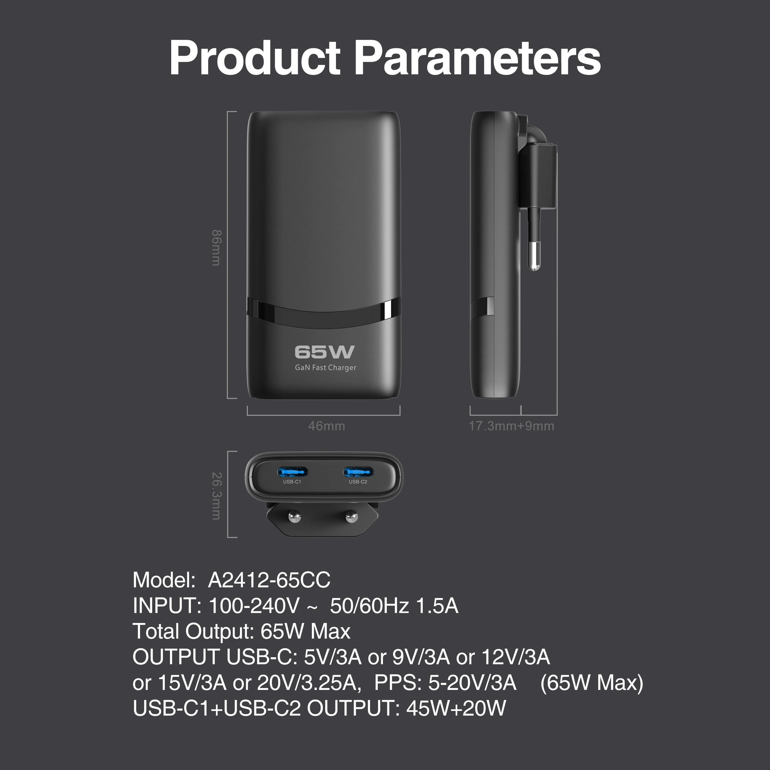 Ultra-Thin 65W GaN Dual-Port USB C Fast Charger with Foldable Plug
