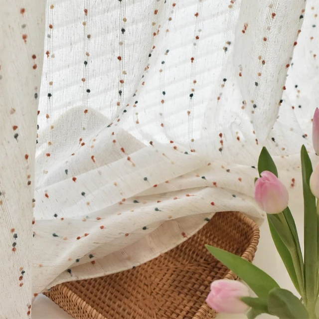 Retro linen-textured sheer curtains with colorful jelly bean pattern, easy to hang, suitable for bedroom and living room