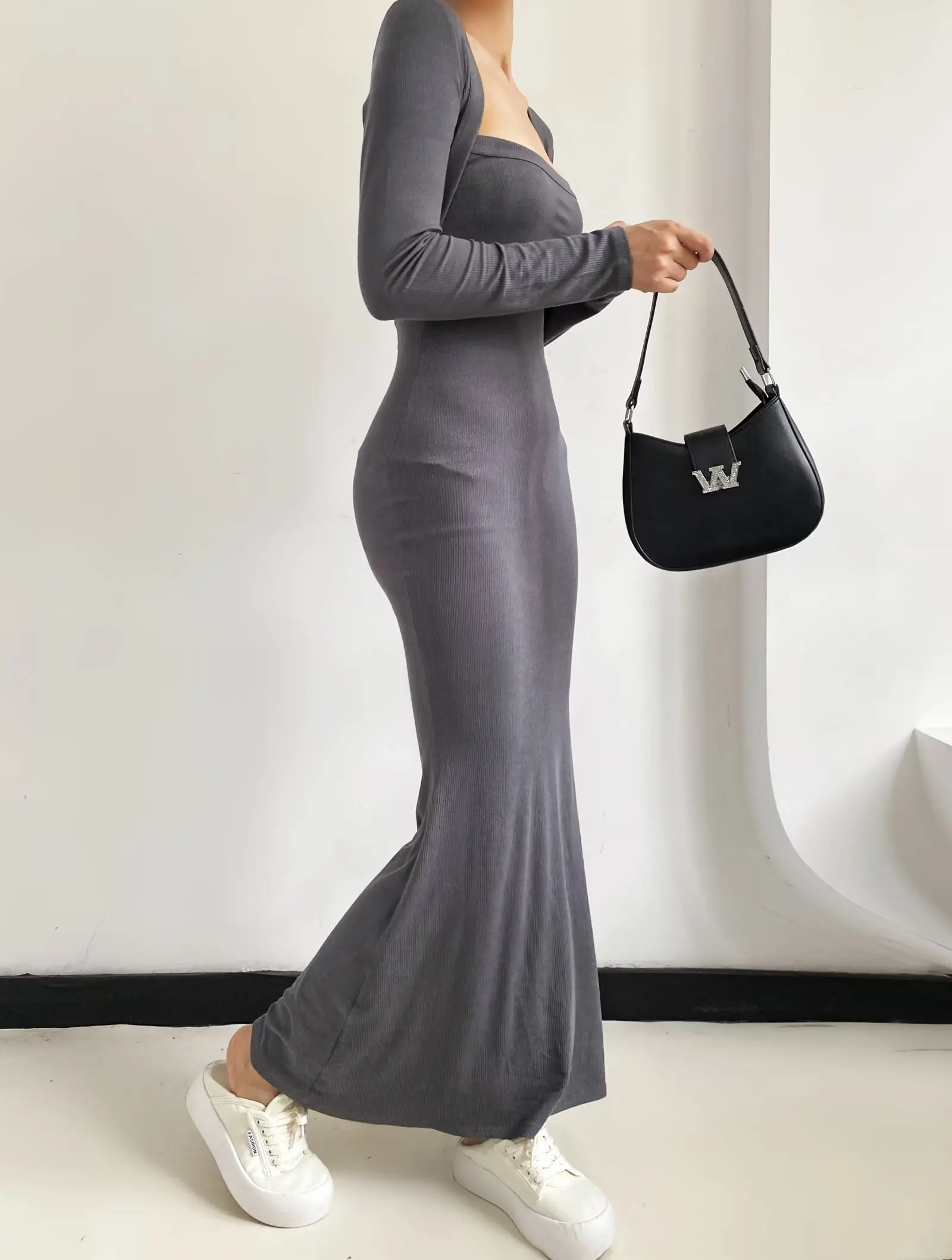 Women Long Sleeve Square Collar Knitted Mermaid Bodycon Maxi Dress