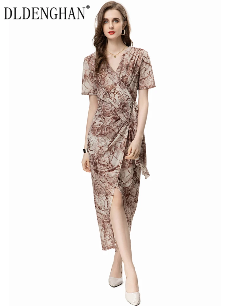 

Летнее Сетчатое платье-карандаш DLDENGHAN, женские платья с V-образным вырезом, коротким рукавом, кристаллами и оборками, винтажное модное дизайнерское платье, новинка